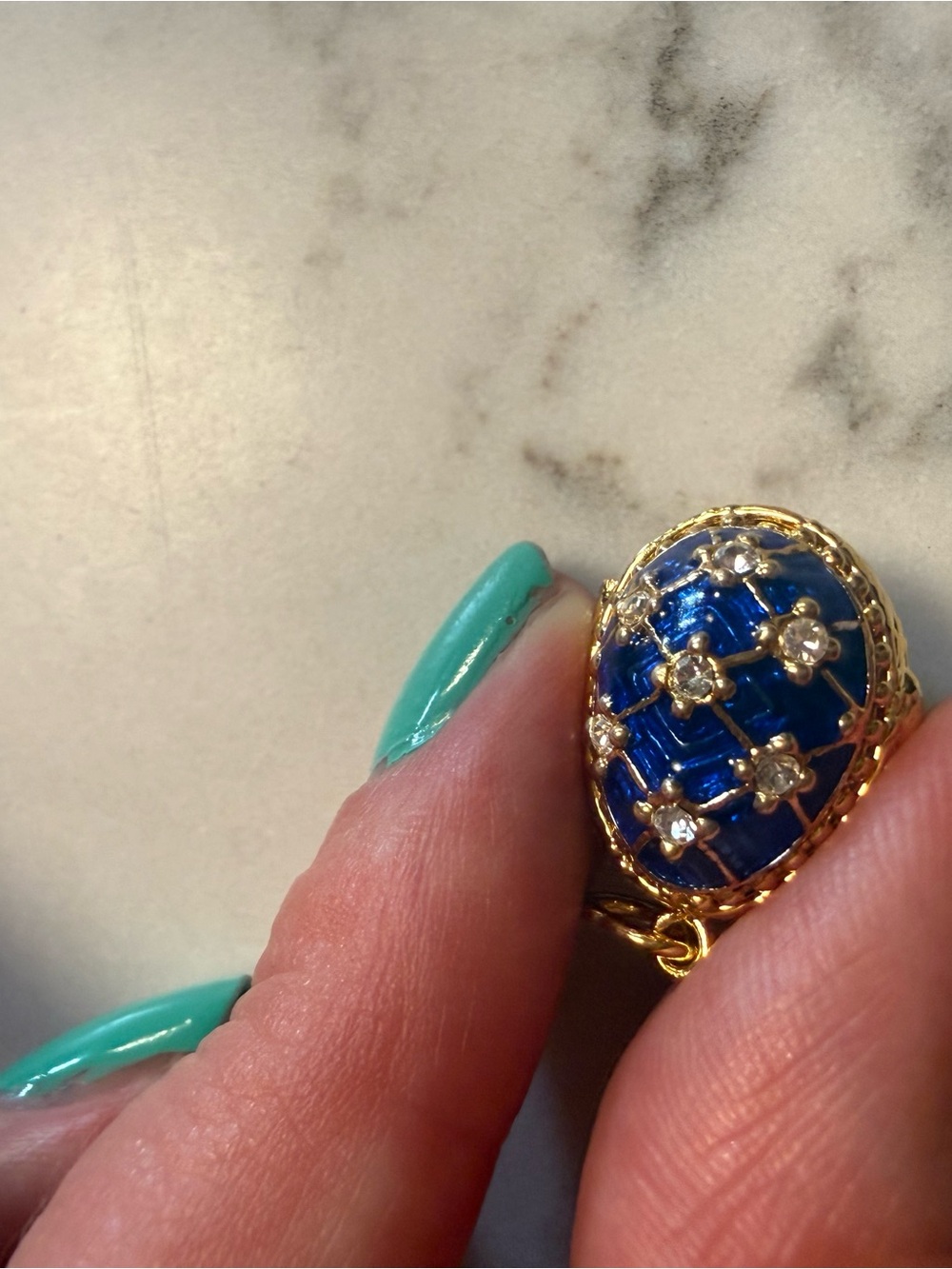 Gold-Tone Blue Enamel Floral Egg Pendant Necklace